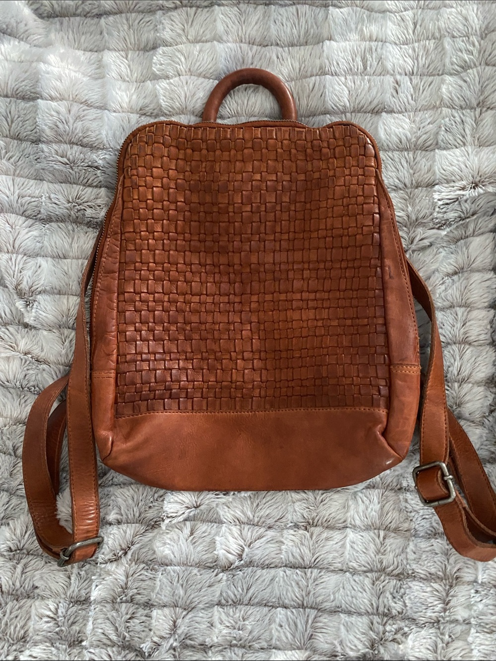 Woven Leather Backpack in Cognac Brown